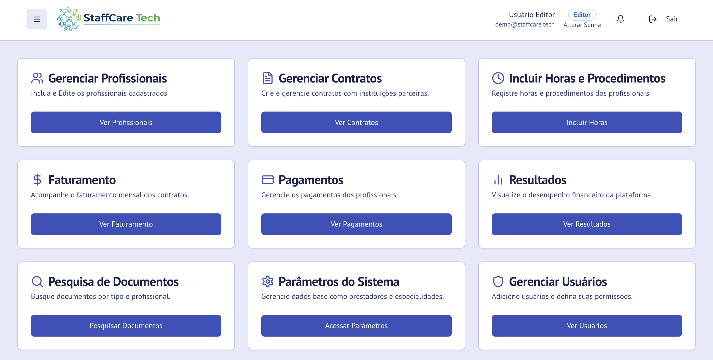 Painel do sistema de repasse médico e faturamento StaffCare Tech